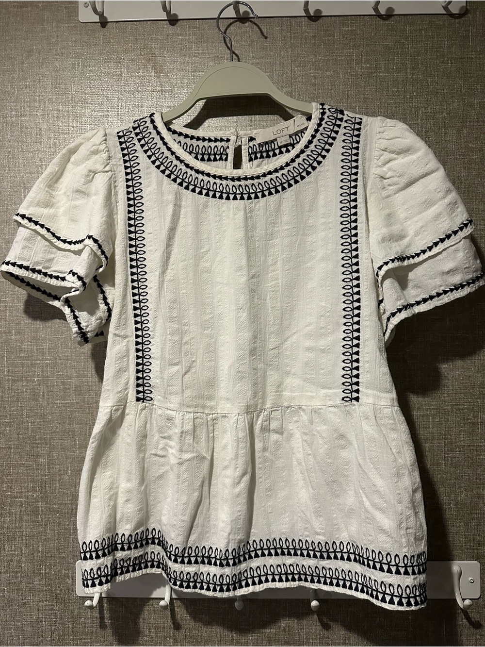 LOFT White Peplum Tunic with Black Embroidered Trim
